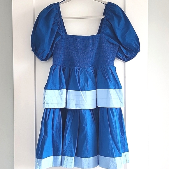 NWT English Factory Blue Puff Sleeve Tiered Smocked Mini dress size Large. - Picture 3 of 10